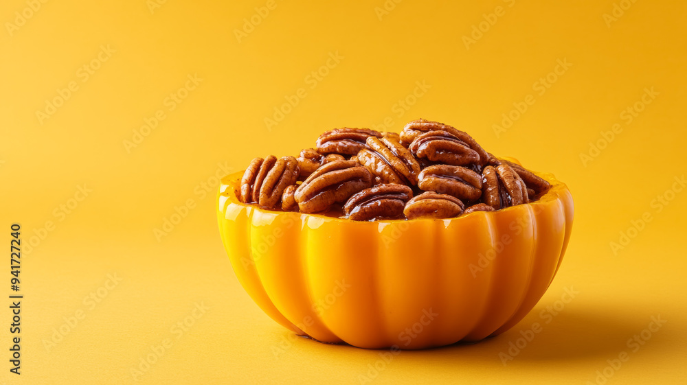 Poster cozy serving of maple-glazed roasted acorn squash with pecans, caramelized edges highlighted against
