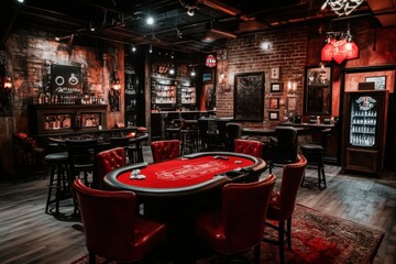 A chic, contemporary poker room boasting sleek red poker tables, luxurious black leather chairs, with a bar area and various gaming equipment for an elegant night in.