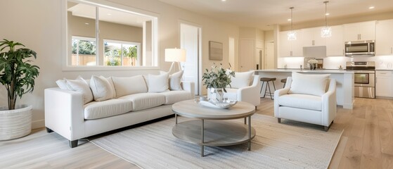 Bright and modern living room featuring white furniture, elegant decor, and a cozy atmosphere, perfect for relaxation and gatherings.