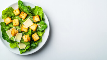 Deconstructed Caesar salad with crispy croutons, romaine leaves, Parmesan shavings, and anchovies, stylishly plated with ample space for text on a light background 