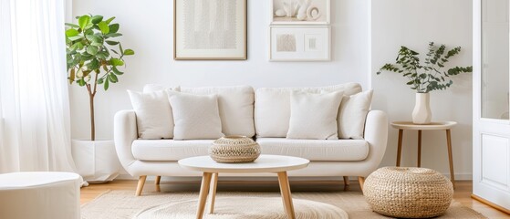 Bright and cozy living room featuring a white sofa, natural decor, and minimalistic design for a calm ambiance.