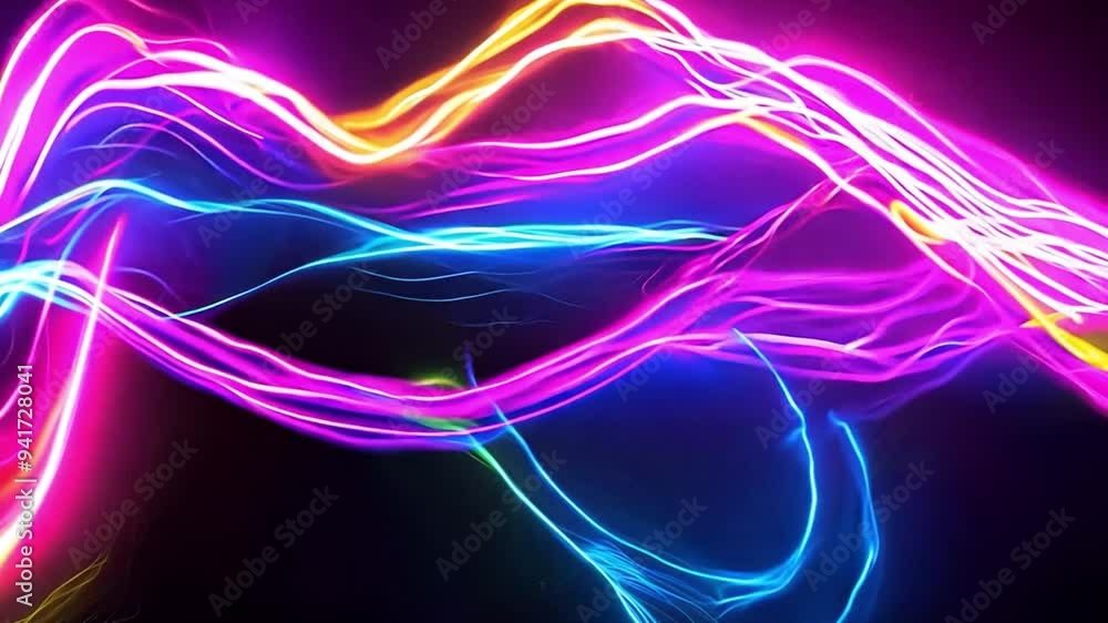 Poster colorful light trails intertwine and flow, forming abstract patterns against a dark backdrop, creati