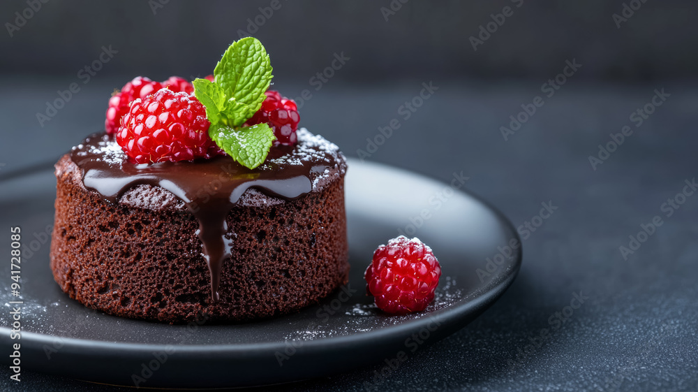 Poster elegant dessert of chocolate lava cake with a berry garnish and mint, positioned on a dark plate wit