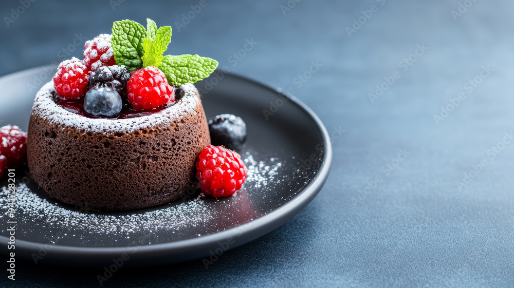 Poster elegant dessert of chocolate lava cake with a berry garnish and mint, positioned on a dark plate wit