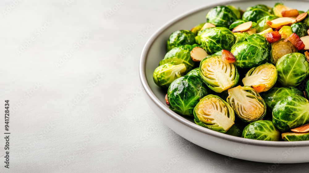 Aufkleber elegant plate of roasted brussels sprouts with pancetta and almonds, positioned on the left side wit
