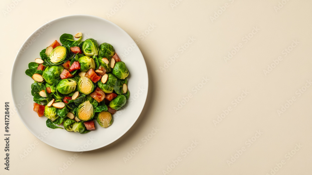 Aufkleber elegant plate of roasted brussels sprouts with pancetta and almonds, positioned on the left side wit