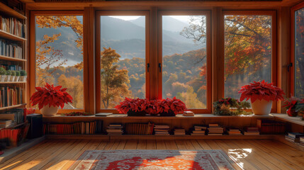 Christmas bookshelf background of interior home library study virtual room window view of mountains hills. Fall winter. poinsettia holiday flowers. Online webinar presentation teams meeting backdrop