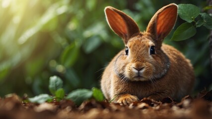 Fototapeta premium A Close-Up of a Brown Rabbit Eating Leaves.