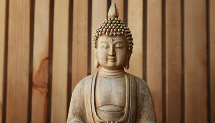 Buddha statue on wooden background. Symbol of satisfaction within, peace and happiness.