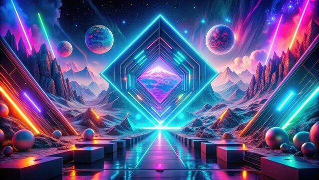 Geometric Dreamscapes with AI - Neon colors, 3D shapes, digital distortions, otherworldly realms. - Powered by Adobe