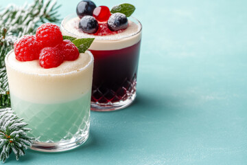 Festive Christmas and New Year desserts and drinks captured in deep blue, vibrant red, pale yellow, and seafoam green hues 
