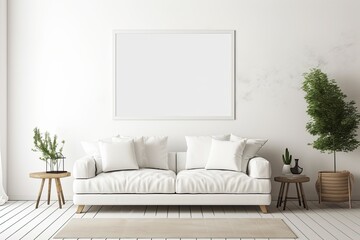 white sofa against fireplace and white wall with poster frame 