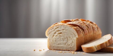 A loaf of bread atop a table Nearby, sliced bread on a white surface with a single bite missing.