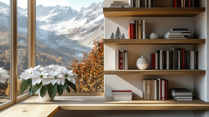 Christmas bookshelf background of interior home library study virtual room window of mountains hills. Fall winter snow. poinsettia holiday flowers. Online webinar presentation teams meeting backdrop