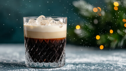 Frosty white Russian cocktail with vodka, coffee liqueur, and cream, served with ice, set against a winter background with snow-covered fir trees and twinkling snowflakes 