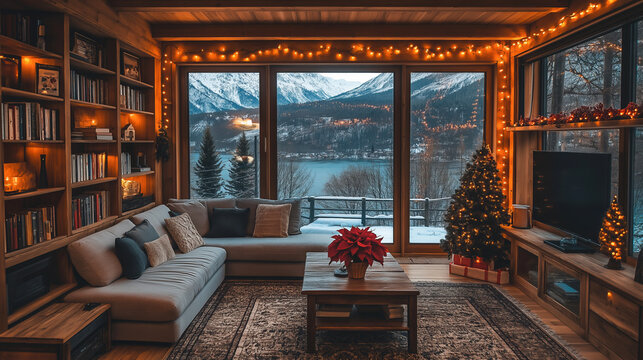 Christmas bookshelf background of interior home library study virtual room of snow mountains hills. Fall winter. Festive poinsettia holiday flowers. Online webinar presentation teams meeting backdrop