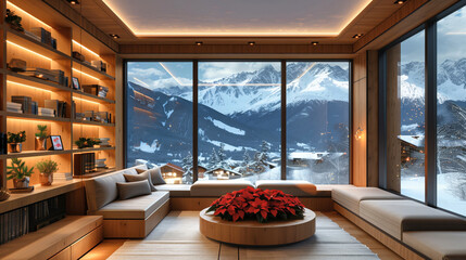 Christmas bookshelf background interior home library study virtual room window snowy mountains hills. Fall winter. poinsettia holiday flowers. Online webinar presentation teams meeting backdrop