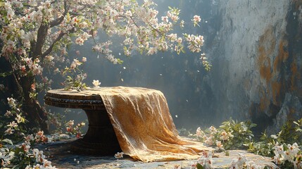 Elegant Rustic Wooden Pedestal with Vibrant Flowers and Soft Fabric Draping for Design Elements