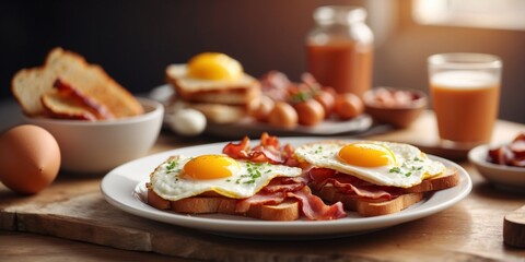 A delicious breakfast of bacon, eggs, and toast.