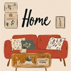 Cozy Home Interior A red sofa coffee table and framed botanical prints create a warm and inviting atmosphere The artwork features simple sketches of plants highlighting a