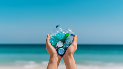 Hands holding collected plastics, bottles, and debris with sandy beach background, blue ocean waves in distance, clear skies above 