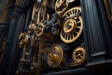 Fototapeta premium A detailed view of an intricate mechanical assembly featuring numerous interlocking golden gears, representing advanced engineering and industrial craftsmanship.