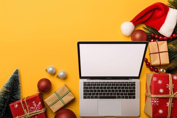 A festive work environment is displayed, featuring a laptop, Christmas gifts, a Santa hat, and decorations on a yellow backdrop. Great for seasonal campaigns and holiday endeavors