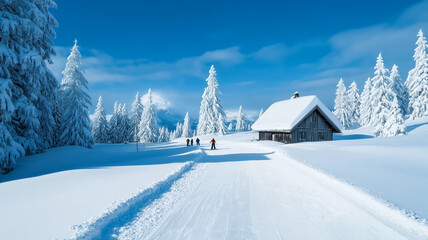 Fototapeta premium Idyllic winter scene at a ski resort cozy cabins dusted with fresh snow colorful skiers winding down smooth trails nestled in a quiet snowy forest under soft sunlight 