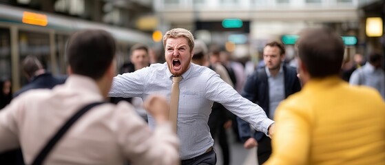 A chaotic moment at a busy train station where frustrated commuters engage in a physical altercation, highlighting the stress and conflict of daily travel routines