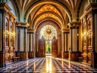 Fototapeta premium A grand, ornate entrance with large, wooden, open church doors revealing a bright, sunlit interior with stone floors and majestic archways.