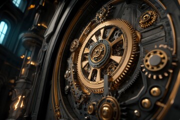 Obraz premium A highly detailed ornate clock face featuring gold gears and intricate designs, representing time, precision, and the artistry of mechanical engineering in a classical setup.