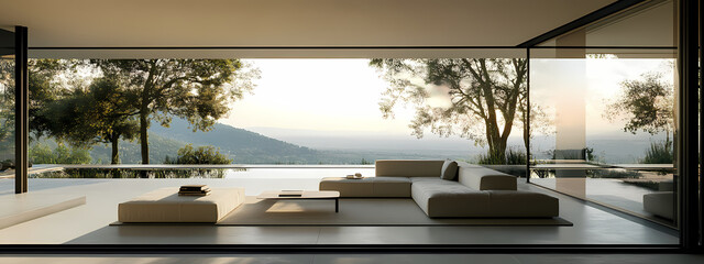 Fototapeta premium Minimalist Living Room with Panoramic Terrace View