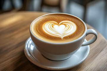 A beautifully crafted cup of latte art featuring a heart design, perfect for coffee lovers and cozy cafe moments.