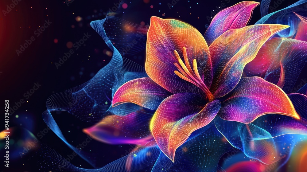 Poster abstract lily with neon geometric lines and a mix of vibrant colors, creating a captivating vector i