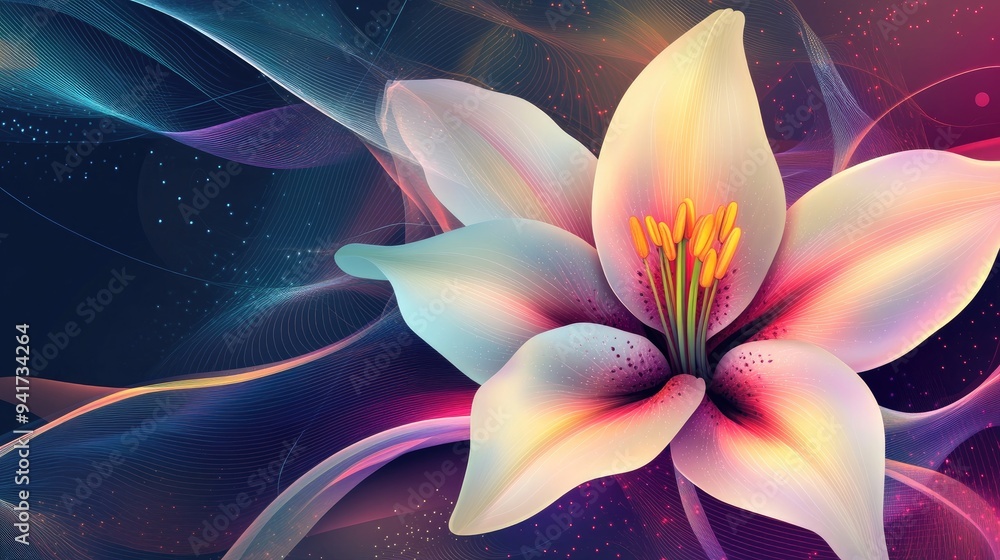 Poster abstract lily with neon geometric lines and a mix of vibrant colors, creating a captivating vector i
