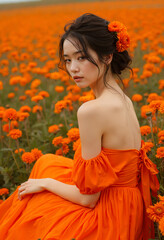 Naklejka premium A woman in a vibrant orange dress amidst a field of blooming flowers.