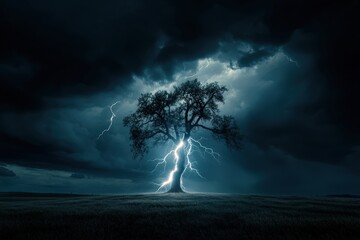A solitary tree stands tall in an open field as a bolt of lightning strikes it amidst a gloomy, dark blue sky, symbolizing resilience, solitude, and the raw force of nature.
