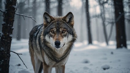 A wolf standing in the snow, with trees in the background creating a winter scene