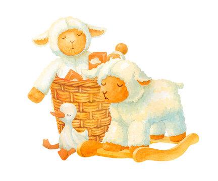 recommend clip art: Watercolor composition of plush and wooden toys in wicker basket with rocking sheep and soft duckling or gosling beside. Isolated hand drawn illustration for baby shower invitation or fabric pattern