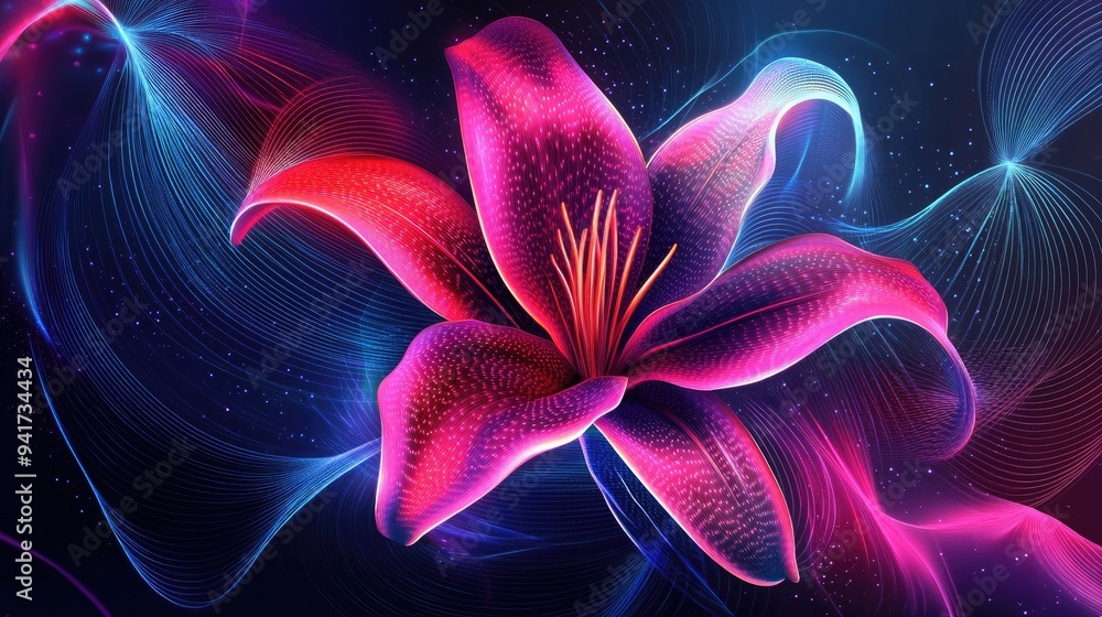Aufkleber abstract lily with neon geometric lines and bright colors, creating a dynamic and captivating vector