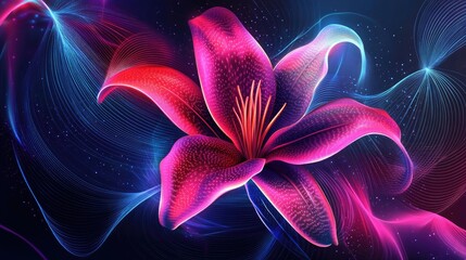 Obraz premium Abstract lily with neon geometric lines and bright colors, creating a dynamic and captivating vector illustration background
