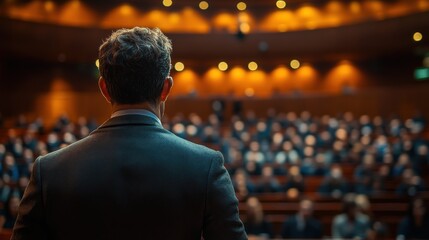 A speaker addresses a large audience in a conference setting.
