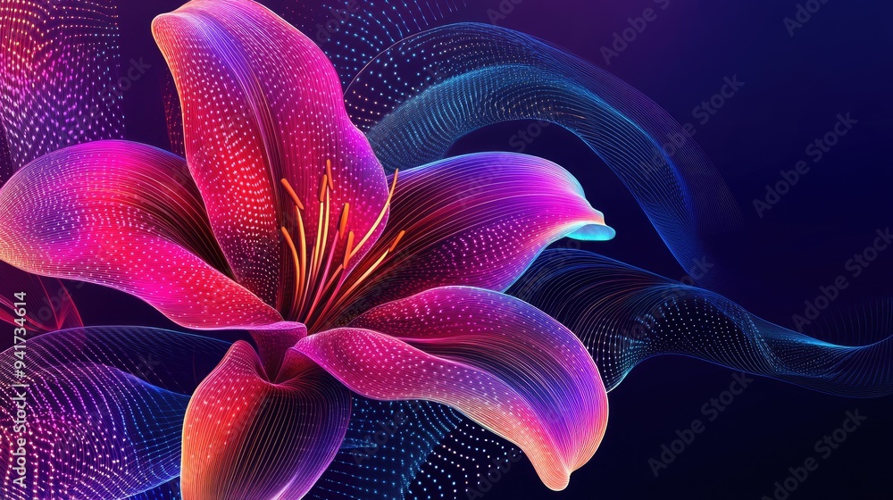 Poster abstract lily with neon geometric lines and bright colors, creating a dynamic and captivating vector