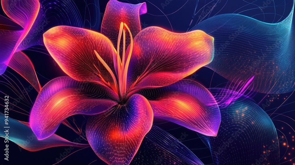 Poster abstract lily with neon geometric lines and bright colors, creating a dynamic and captivating vector