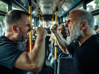 A high tension image of two angry commuters squaring off in a crowded bus aisle, reflecting the intense conflict and frustration that can arise during rush hour