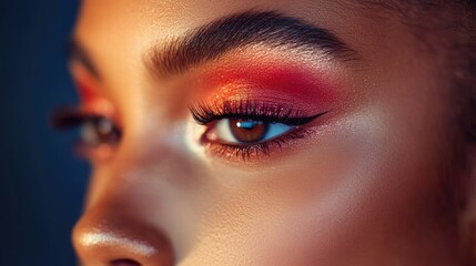 Obraz premium A close-up of face with full glam makeup, including shimmering highlighter, bold brows, and a perfectly blended eyeshadow palette.