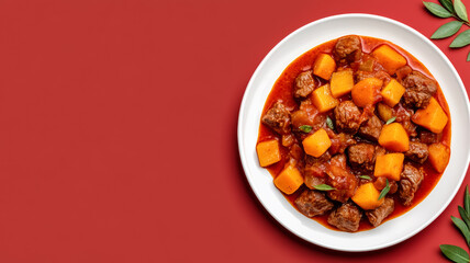 Fototapeta premium Plate of hearty goulash with tender beef, root vegetables, and paprika, cozy autumn vibe against a background with a gradient from deep red to rustic brown 