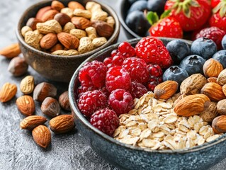 A high energy breakfast setup featuring superfoods like oats, berries, and nuts, carefully arranged to kickstart the day with a powerful nutrition boost