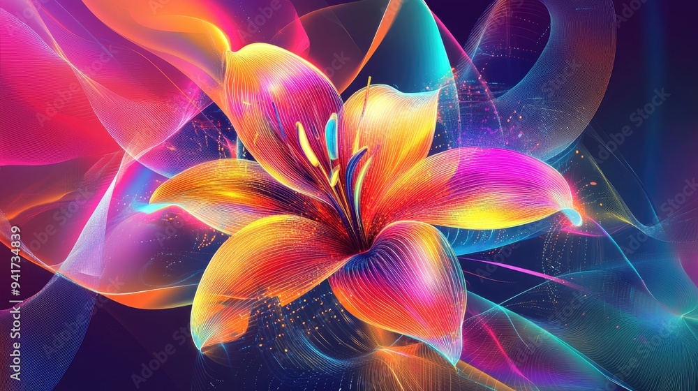 Poster abstract lily with vibrant neon lines and geometric shapes, set against a colorful vector background