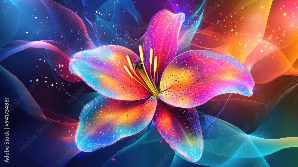Poster abstract lily with vibrant neon lines and geometric shapes, set against a colorful vector background